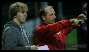 James (left) in conversation with Harrogate Railway manager Billy Miller. Photo: Caught Light Photography