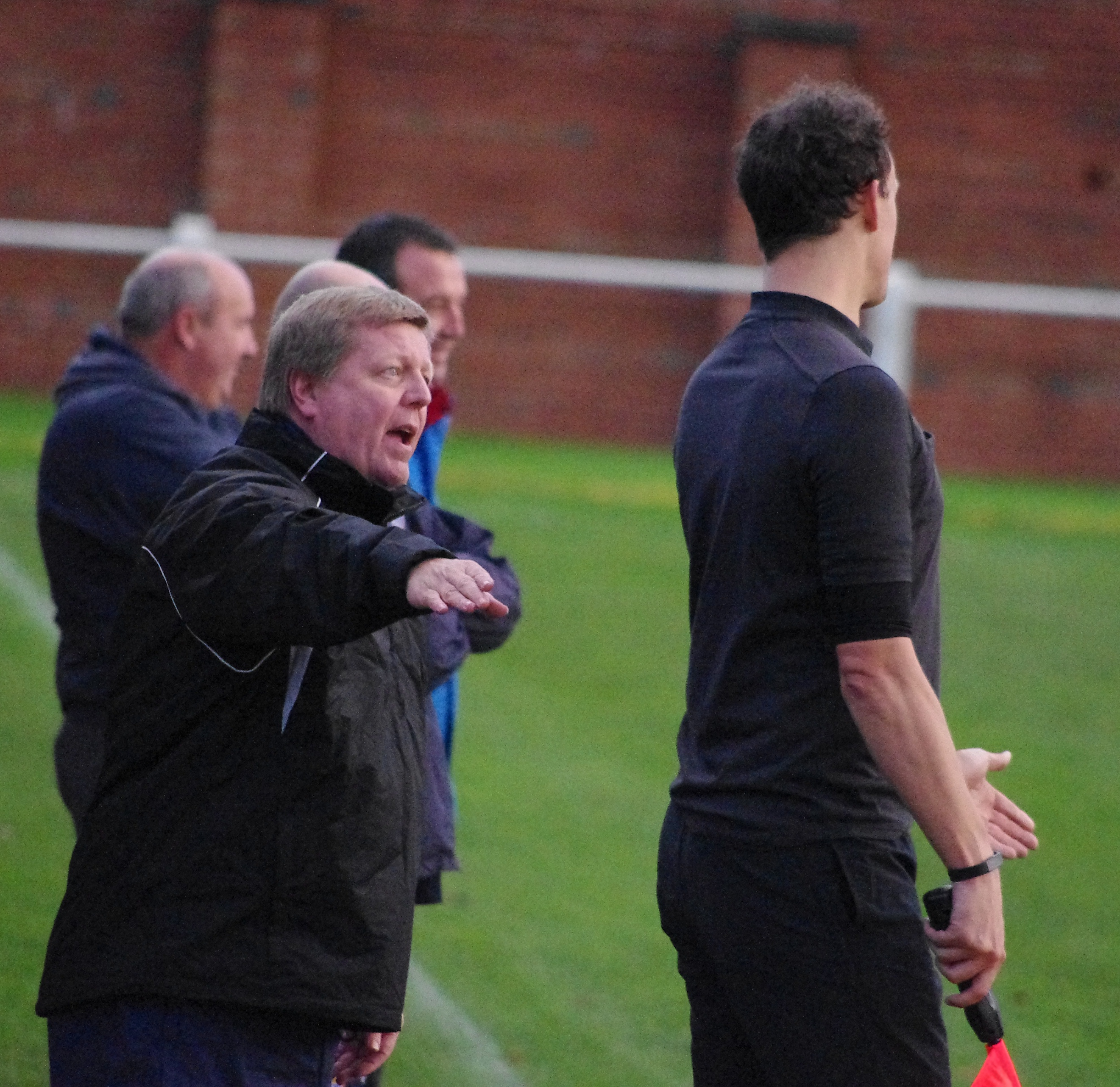 Glasshoughton boss Rob Hunter berates assistant referee Steven Taylor during a frustrating first half