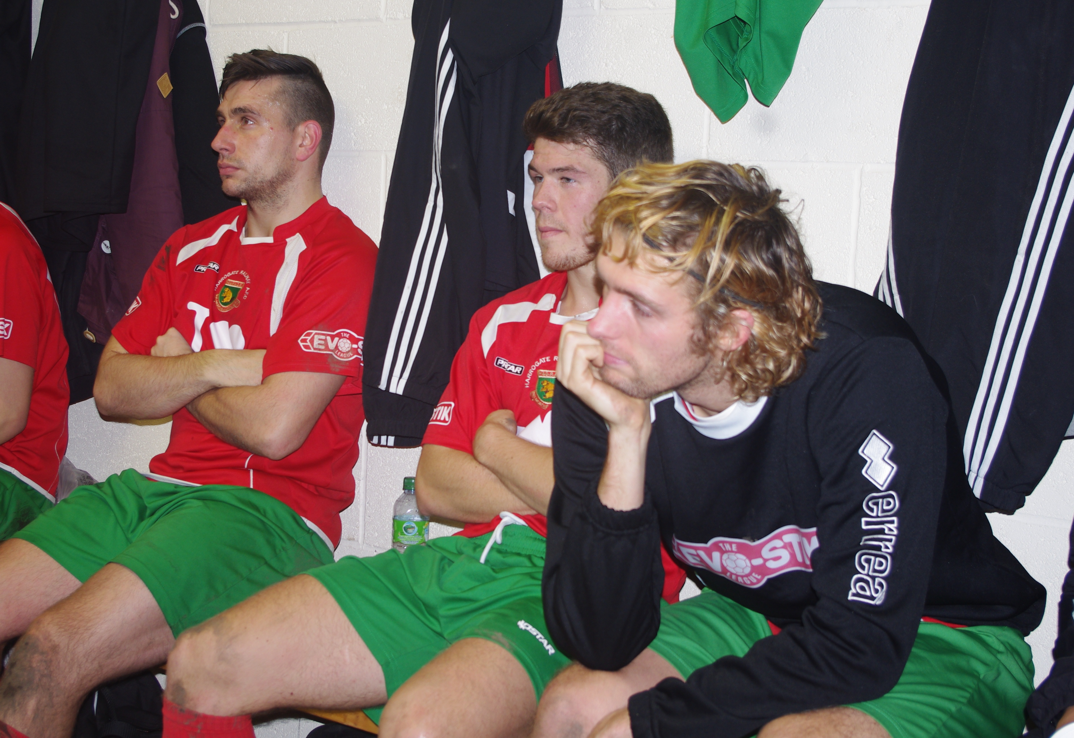 The Harrogate Railway players listen to Billy Miller's half-time team-talk
