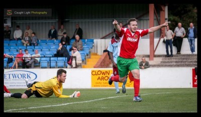 Cometh the hour, cometh the man: Nathan Cartman celebrating levelling the scores in Harrogate Railway's 3-2 defeat at Colwyn Bay