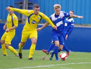Lewis Nightingale, who unlocked the door for Farsley, in action during the 2-1 win 