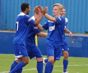 Farsley AFC players celebrate their opening goal