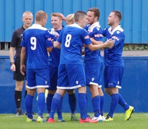 Farsley celebrate Robbie O'Brien's decisive strike on the stroke of half-time