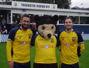 Brothers in arms: Jonathan Greening, Taddy bear and Josh Greening after Tadcaster's 6-0 win over Maltby Main. Josh (right) scored a hat-trick for the third consecutive game
