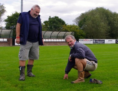 Welcome home: Roy Winfield looks down as Nostell Miners Welfare chairman-secretary Granville Marshall inspects the new surface at the Crofton Community Centre