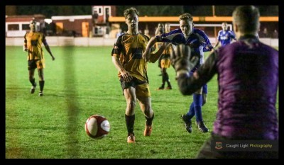 Nathan Cartman slams home the winner for Harrogate Railway in the 3-2 comeback win at Ossett Albion. Photo: Caught Light Photography