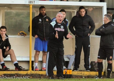 Ossett Town manager John Reed urging his side on during the 4-0 defeat to Harrogate Railway. Photo: Mark Gledhill