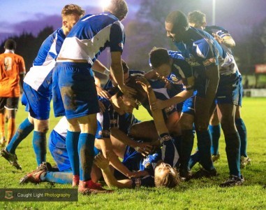 Harrogate Railway celebrate Matt Heath's goal. Photo: Caught Light Photography