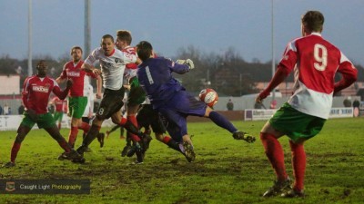 A scramble in the Salford penalty area. Photo: Caught Light Photography