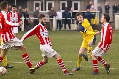 Nick Thompson fires Tadcaster Albion in front during their FA Vase tie at St Helens last season. Picture: Ian Parker