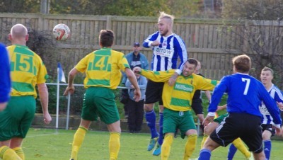 Lee Morris heading Shaw Lane into the lead in the first round tie with Runcorn Linnets 