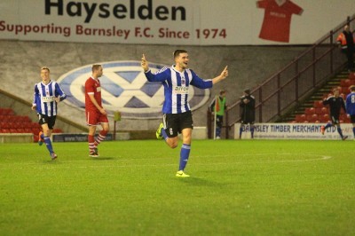 Stefan Holt celebrates putting Shaw Lane in front against Shildon. Photo: White Rose Photos