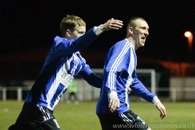 Shane Kelsey (left) congratulates Joe Thornton after he scored Shaw Lane's second goal. Photo: White Rose Photos