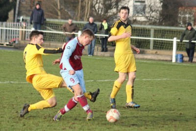Steven Kenworthy scoring the second of his three goals in AFC Emley's 3-0 win over Knaresborough Town