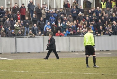 Rudy Funk is dismissed after haranguing the referee and is sent on the long walk of shame as Mansfield's miserable day is completed against Tadcaster in the FA Vase