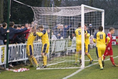 Tadcaster celebrate Denny Ingram's last gasp goal in the 3-3 draw with Handsworth