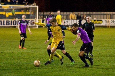 Tadcaster's Josh Barrett takes on Bradford (Park Avenue) captain Jamie Price