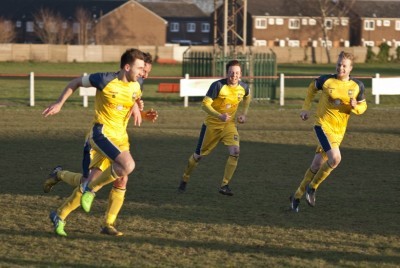 Calum Ward celebrates scoring the winning penalty in Tadcaster's 3-2 victory at Maltby