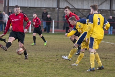 Lewis Clarkson fires Tadcaster level in the first half. Picture: Ian Parker