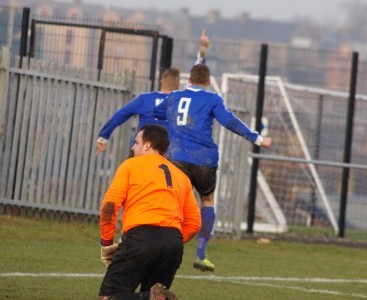 This is the way to Wembley Joe! Lee Morris runs away after scoring the winner for Shaw Lane Aquaforce in the FA Vase fifth round win over Flackwell