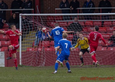 Aiden Savory heading Farsley AFC in front in the 2-1 win at Ossett Town. Picture: Mark Gledhill