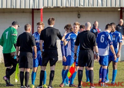 A number of Harrogate Railway express their verdict on referee Duncan Carratt's first half display. Picture: Mark Gledhill