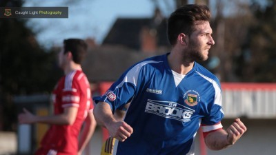 Harrogate Railway captain Jason Mycoe celebrates pulling a goal back for his side. Picture: Mark Gledhill