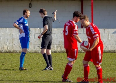 Matt Heath looks stunned after being sent off by referee Duncan Carratt. Picture: Mark Gledhill