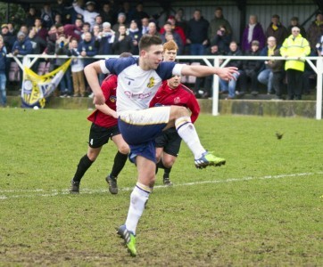 Calum Ward smashes Tadcaster Albion's equaliser home from the penalty spot. Picture: Ian Parker