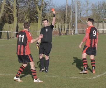 Dronfield's Richie Marples sees red after using dissent towards the referee. Picture: Lee Myers