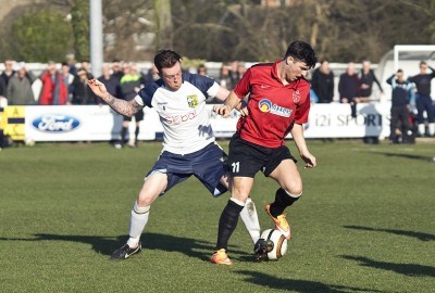 Tadcaster's Liam Ormsby battles for the ball in their 1-0 defeat to Highworth Town. Picture: Ian Parker
