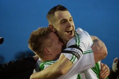 North Ferriby captain Liam King celebrates with Nathan Jarman after they booked their trip to Wembley last year. Picture: John Rudkin