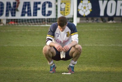 A dejected Nick Thompson after Tadcaster Albion's 1-0 defeat to Highworth. Picture: Ian Parker