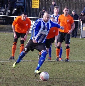 Lee Morris scoring his second penalty in the 2-2 draw with Glossop in the FA Vase quarter-final tie