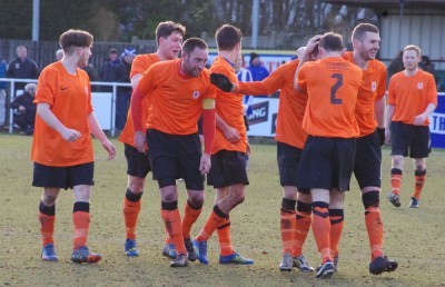 Glossop celebrate Kelvin Lugsden's equaliser