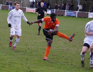 Brighouse hit-man Ernest Boafo strikes for goal during the first half