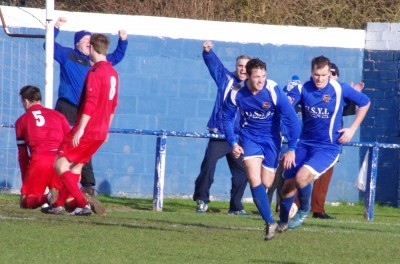 Big moment, big goal: Aaron Moxam celebrates scoring the winner for Pontefract in the 2-1 victory over rivals Clipstone