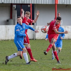 Nathan Curtis shoots for in goal in Ossett Town's abandoned match with Radcliffe. Photo: Mark Gledhill