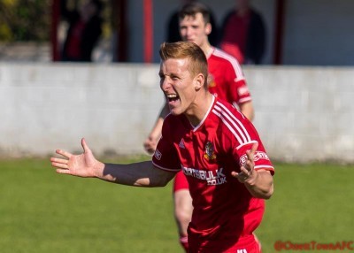 Ross Armstrong celebrates his wonder goal in Ossett Town's 2-0 win over Droylsden