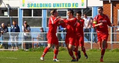 Stocksbridge celebrate Ryan Laight's goal at Spalding. Picture: whiterosephotos.co.uk