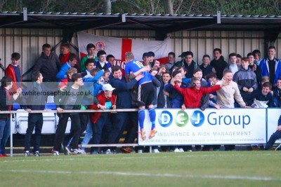 Lee Morris dives into the crowd after scoring the second goal. Picture: White Rose Photos
