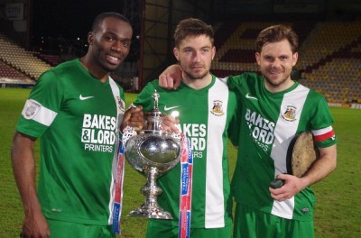 Three former Garforth players: Bradford (Park Avenue) hero Chib Chilaka with Chris Howarth and Jamie Price,    the first Avenue captain to lift the trophy since Gary Kershaw in 1991