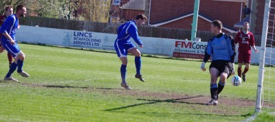 Lincoln stopper Chris Stanley is stranded as Aaron Moxam scores into the empty net