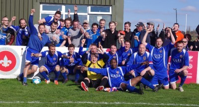 We're going up: Pontefract Collieries celebrate after their promotion to the NCEL Premier Division was confirmed
