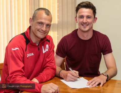 Dan Thirkell has pledged his future to Harrogate Railway and Lee Ashforth (left). Picture: Caught Light Photography