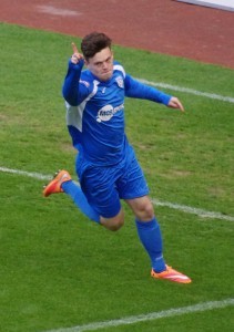 Reece Thompson wheels away after opening the scoring in the Sheffield & Hallamshire Senior Cup final