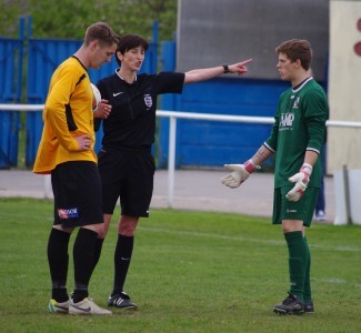 Jane Simms tells Liam Higton to get in his goal