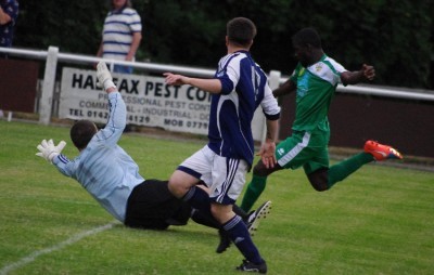 Ernest Boafo scores after powering through the Eccleshill defence