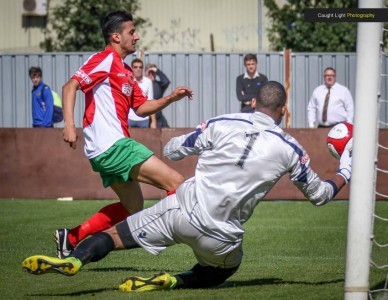 Vincent Dhesi puts Harrogate Railway ahead against Droylsden. Picture: Caught Light Photography