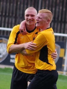 Handsworth Parramore defender Gareth Griffiths (left) with Kieran Wells